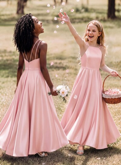 A-Line Square Neckline Sleeveless Ankle-Length Satin Junior Bridesmaid Dresses