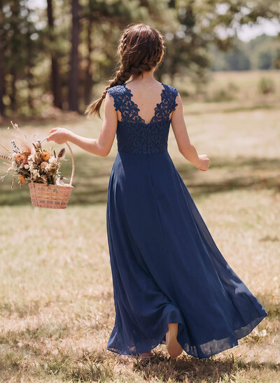 A-Line Sweetheart Sleeveless Floor-Length Chiffon Junior Bridesmaid Dresses With Split Front/Lace
