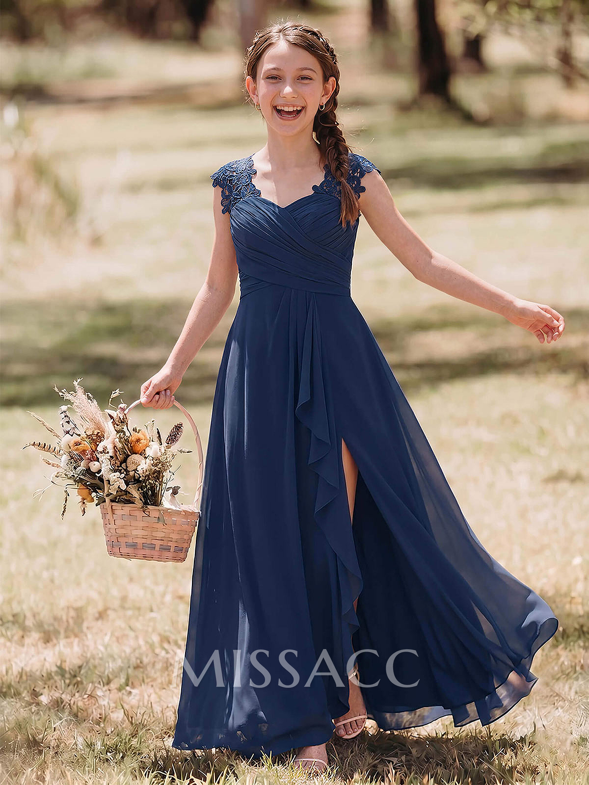 A-Line Sweetheart Sleeveless Floor-Length Chiffon Junior Bridesmaid Dresses With Split Front/Lace