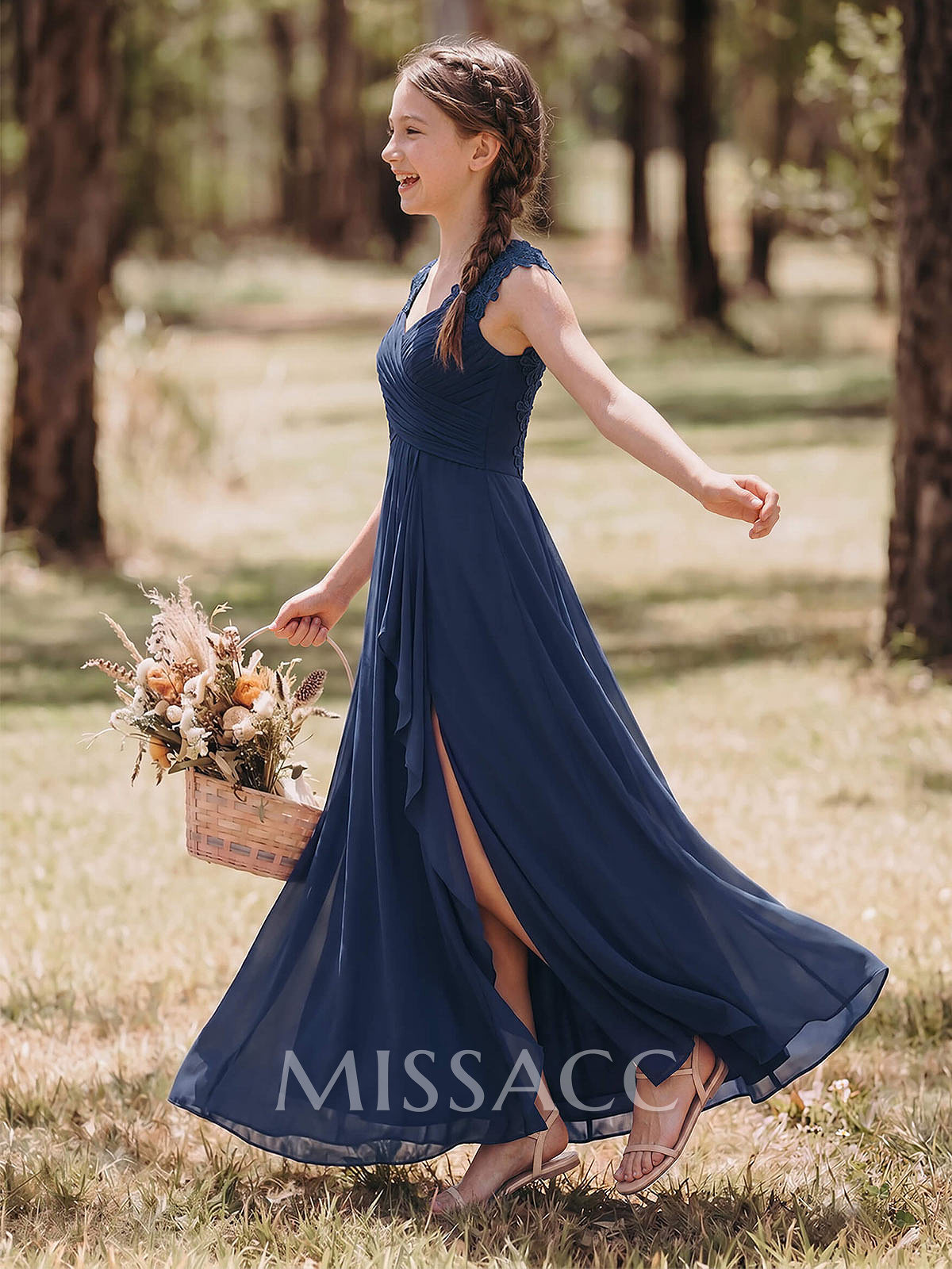 A-Line Sweetheart Sleeveless Floor-Length Chiffon Junior Bridesmaid Dresses With Split Front/Lace