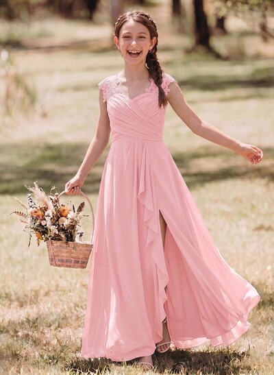 A-Line Sweetheart Sleeveless Floor-Length Chiffon Junior Bridesmaid Dresses With Split Front/Lace
