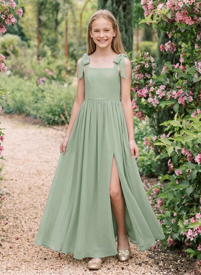 A-Line Square Neckline Sleeveless Floor-Length Chiffon Junior Bridesmaid Dresses