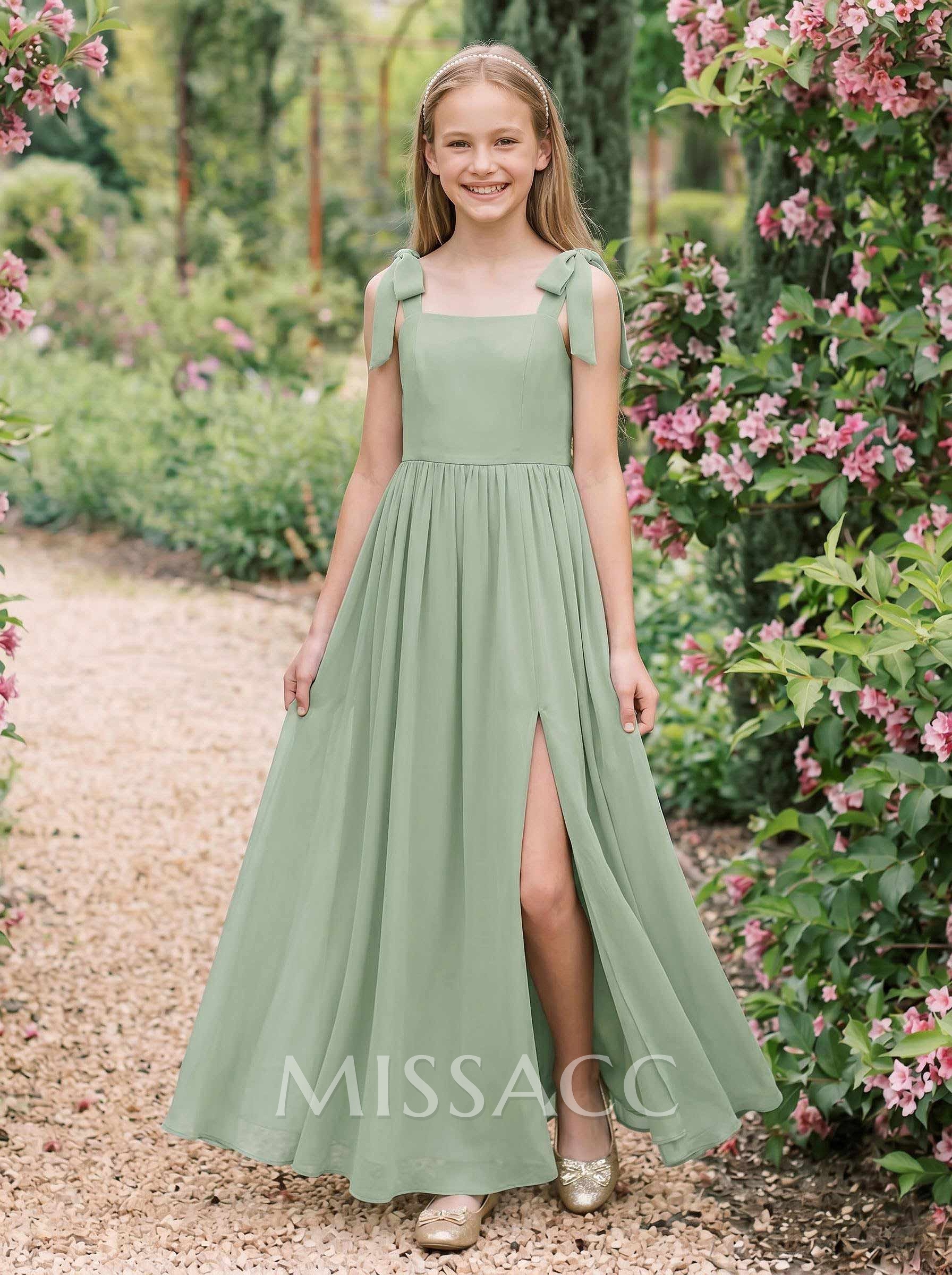 A-Line Square Neckline Sleeveless Floor-Length Chiffon Junior Bridesmaid Dresses
