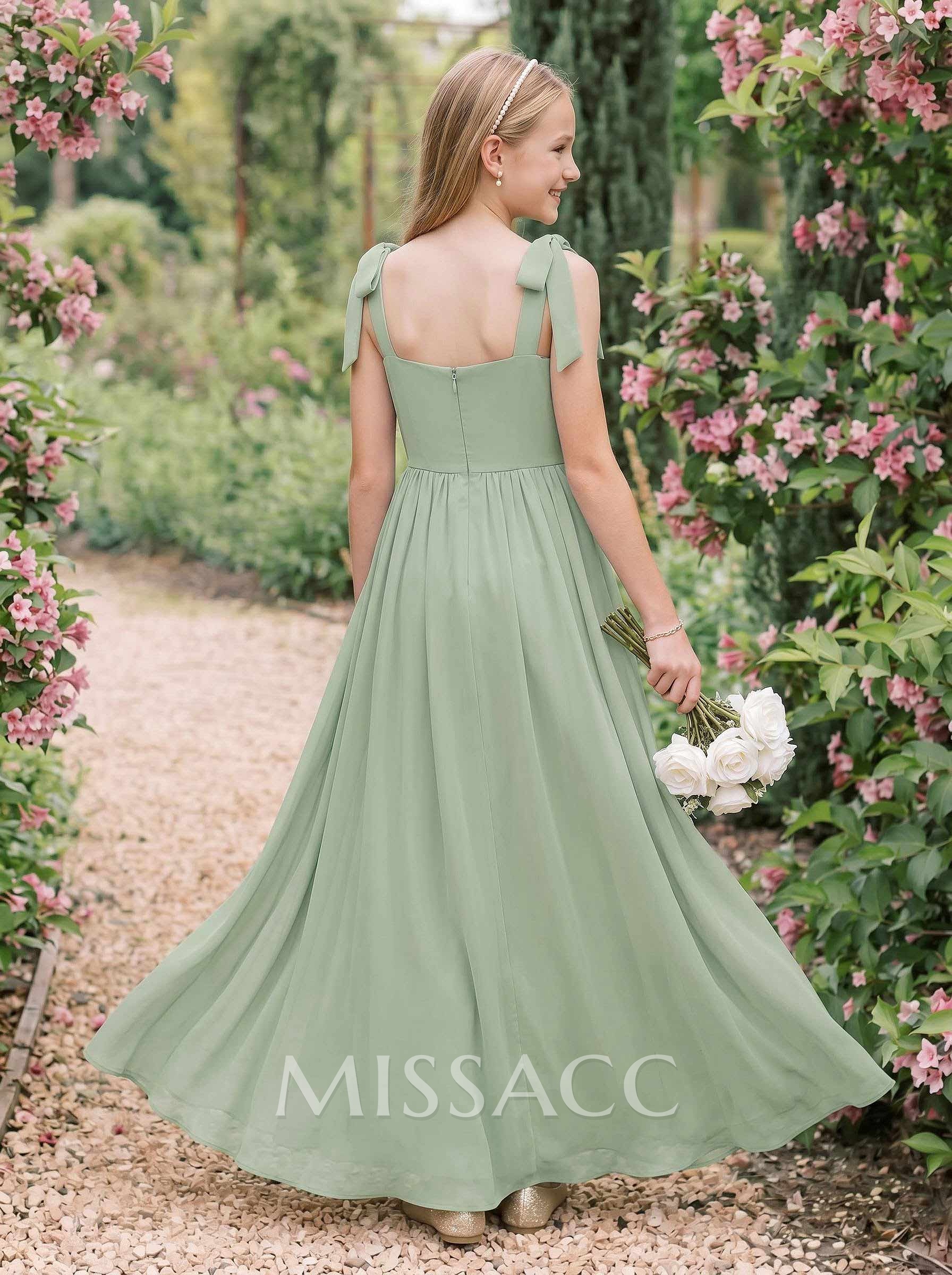 A-Line Square Neckline Sleeveless Floor-Length Chiffon Junior Bridesmaid Dresses