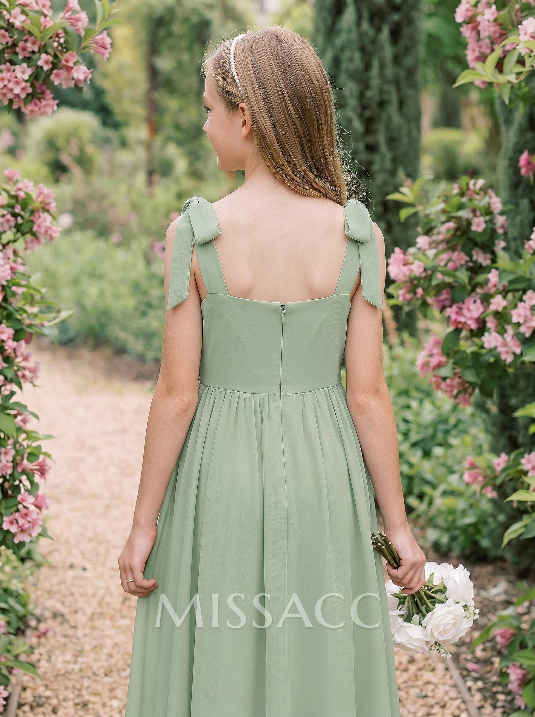 A-Line Square Neckline Sleeveless Floor-Length Chiffon Junior Bridesmaid Dresses