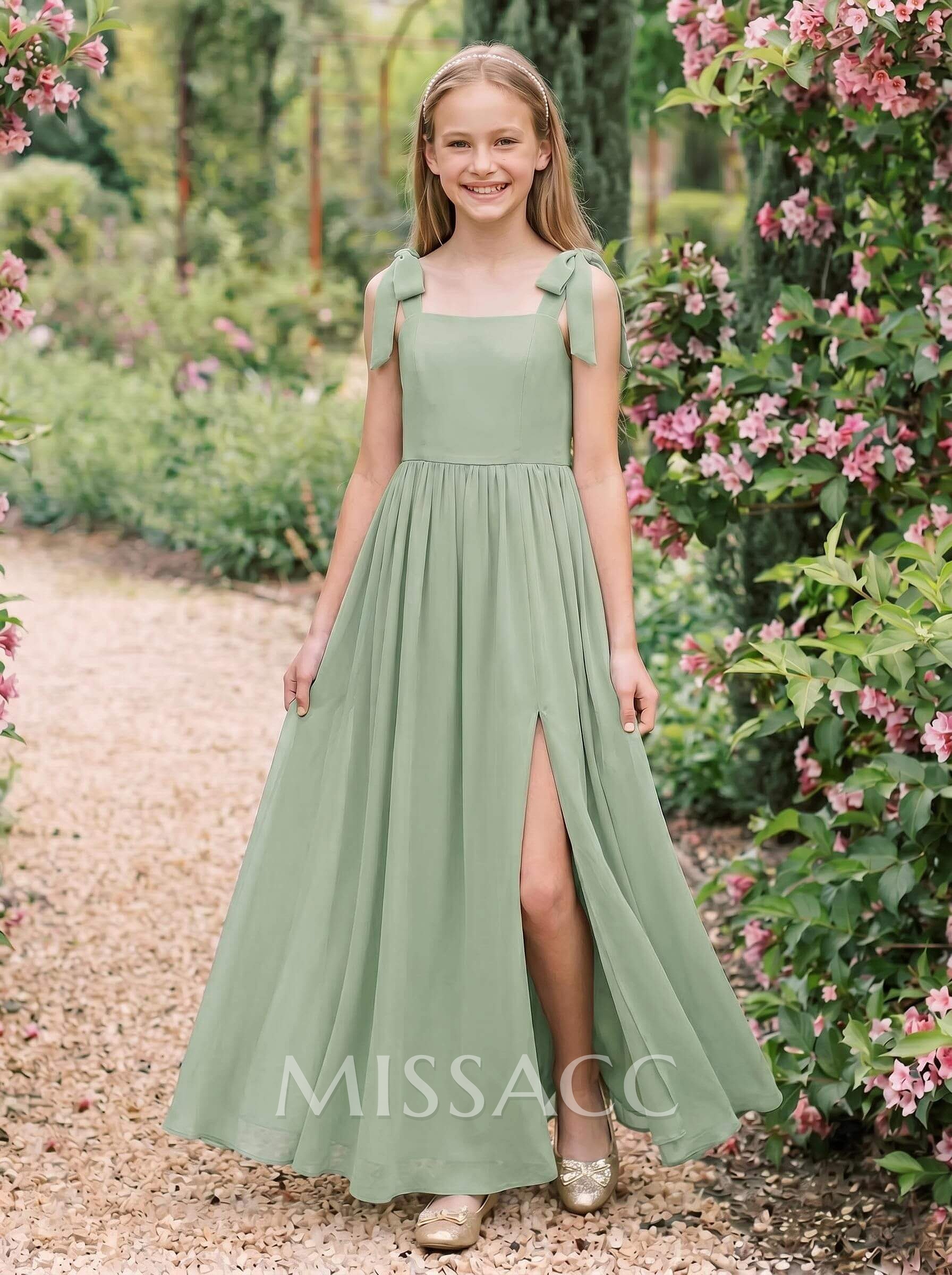 A-Line Square Neckline Sleeveless Floor-Length Chiffon Junior Bridesmaid Dresses
