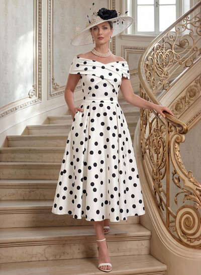 A-Line Off-The-Shoulder Sleeveless Tea-Length Twill Satin Mother Of The Bride Dresses