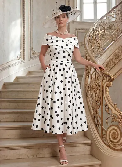 A-Line Off-The-Shoulder Sleeveless Tea-Length Twill Satin Mother Of The Bride Dresses