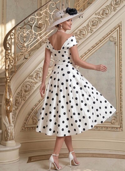 A-Line Off-The-Shoulder Sleeveless Tea-Length Twill Satin Mother Of The Bride Dresses