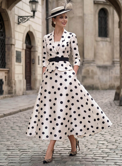 A-Line V-Neck 3/4 Sleeves Tea-Length Twill Satin Mother Of The Bride Dresses With Sash