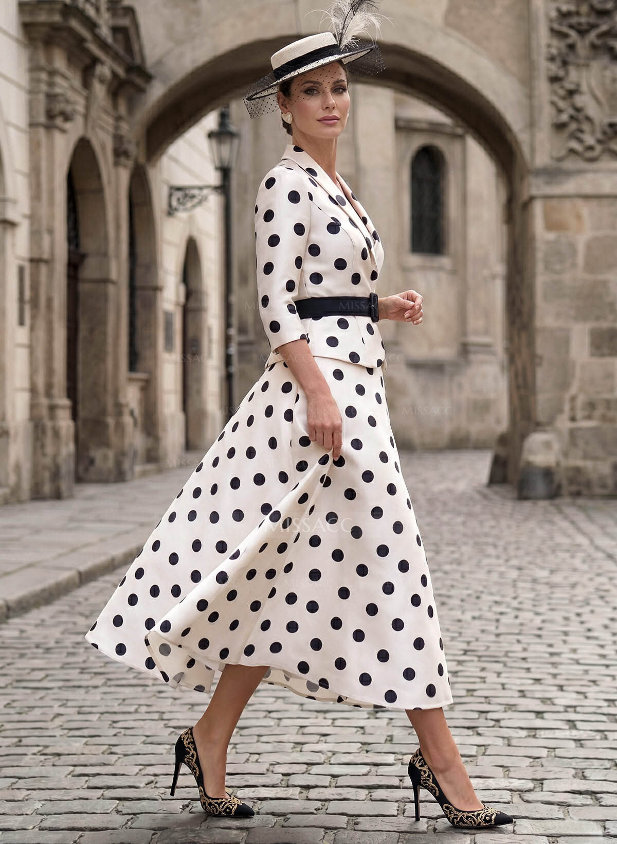 A-Line V-Neck 3/4 Sleeves Tea-Length Twill Satin Mother Of The Bride Dresses With Sash