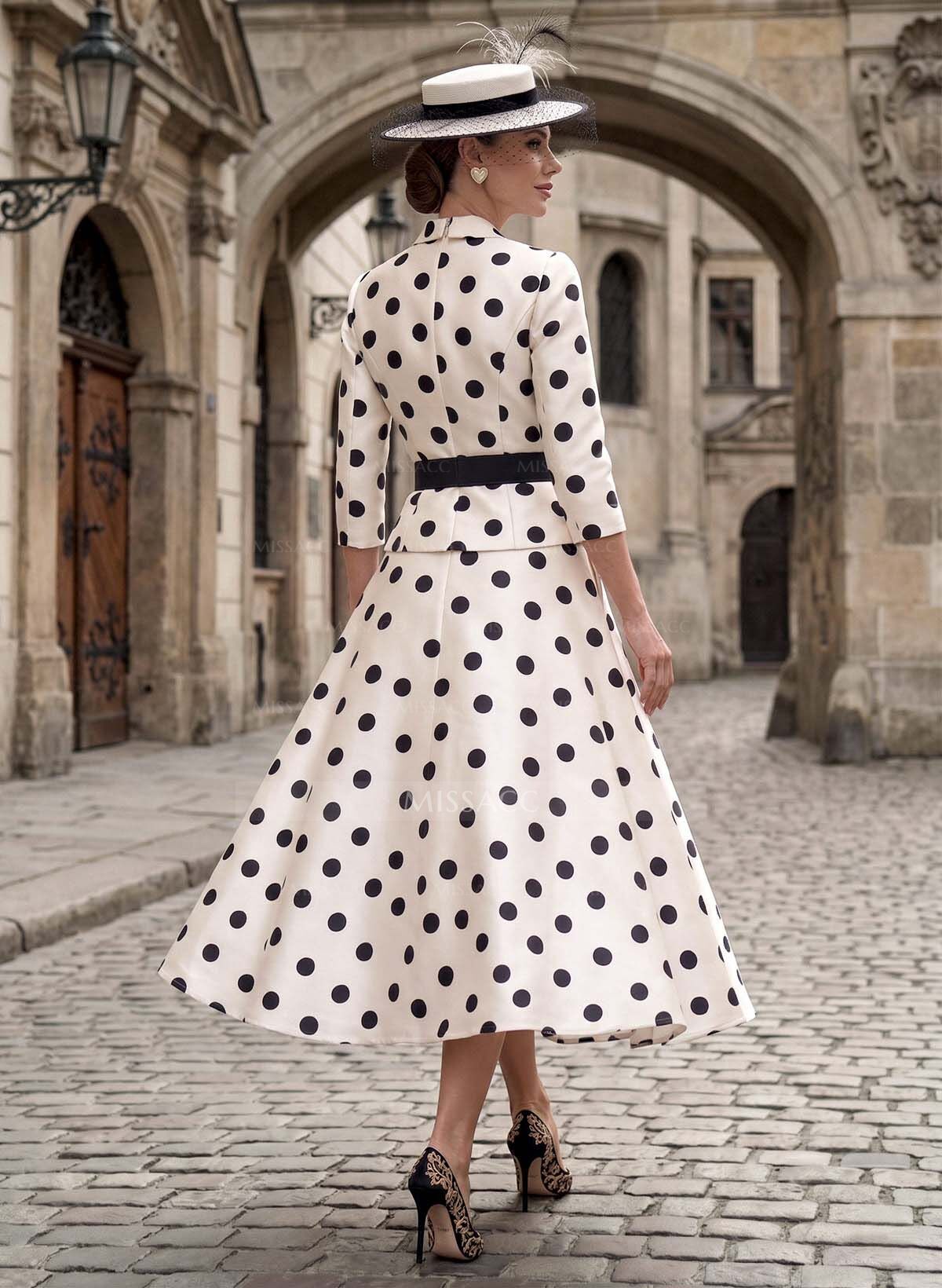 A-Line V-Neck 3/4 Sleeves Tea-Length Twill Satin Mother Of The Bride Dresses With Sash