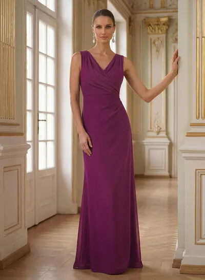 Sheath/Column V-Neck Sleeveless Ankle-Length Chiffon Mother Of The Bride Dresses