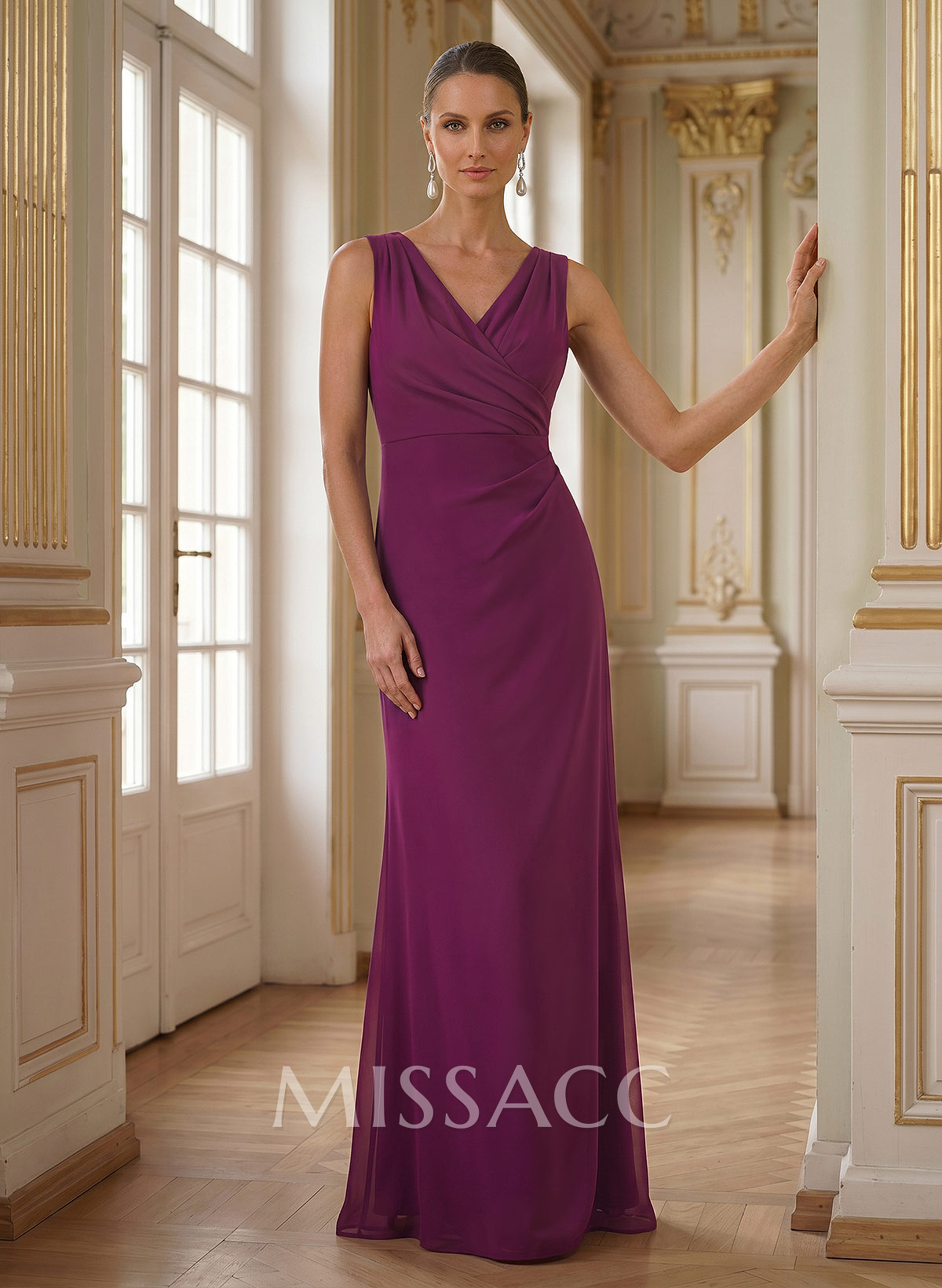 Sheath/Column V-Neck Sleeveless Floor-Length Chiffon Mother Of The Bride Dresses