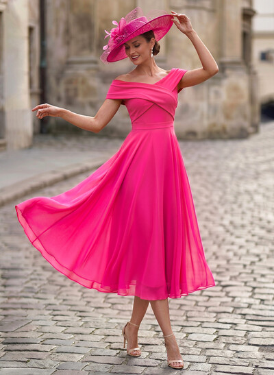 Elegant A-Line Off-The-Shoulder Sleeveless Tea-Length Chiffon Mother Of The Bride Dresses
