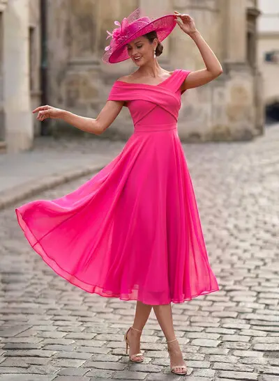 Elegant A-Line Off-The-Shoulder Sleeveless Tea-Length Chiffon Mother Of The Bride Dresses