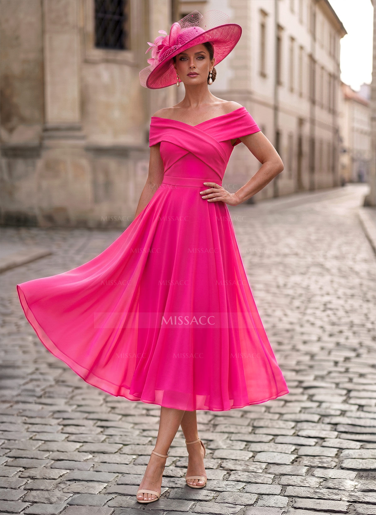 Elegant A-Line Off-The-Shoulder Sleeveless Tea-Length Chiffon Mother Of The Bride Dresses