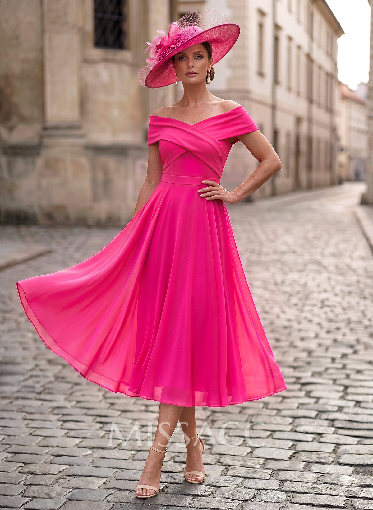 Elegant A-Line Off-The-Shoulder Sleeveless Tea-Length Chiffon Mother Of The Bride Dresses