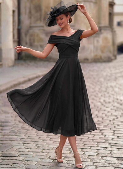 Elegant A-Line Off-The-Shoulder Sleeveless Tea-Length Chiffon Mother Of The Bride Dresses
