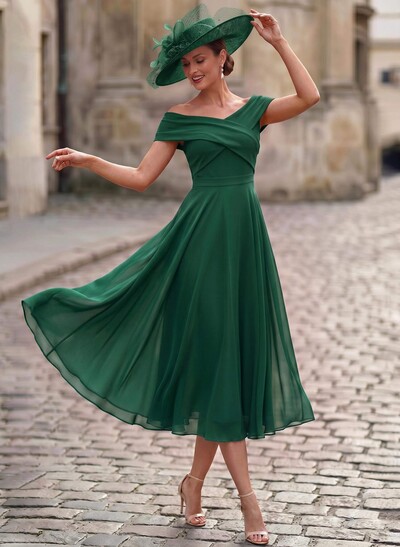 Elegant A-Line Off-The-Shoulder Sleeveless Tea-Length Chiffon Mother Of The Bride Dresses