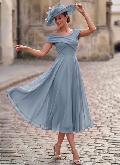 Elegant A-Line Off-The-Shoulder Sleeveless Tea-Length Chiffon Mother Of The Bride Dresses