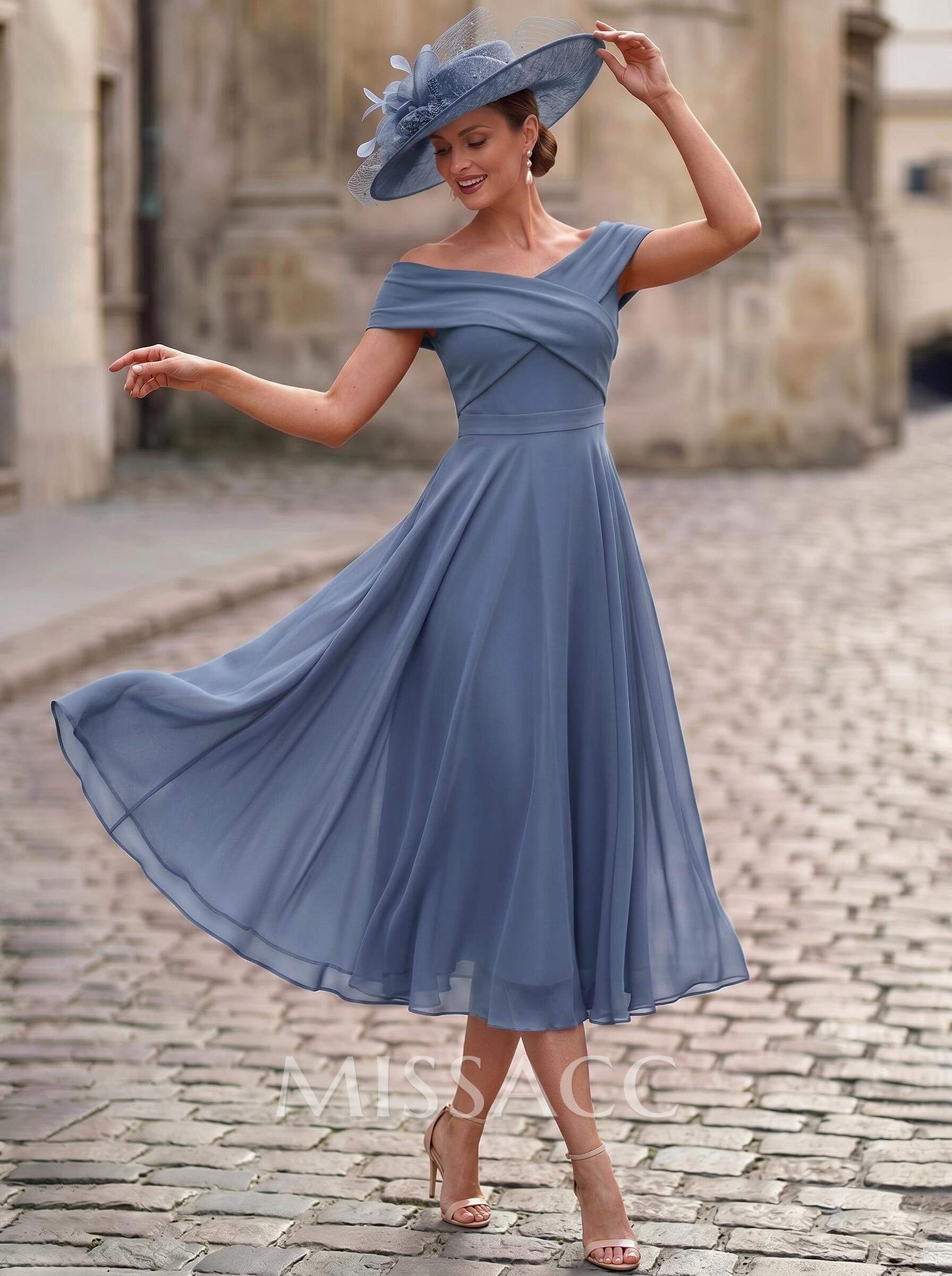Elegant A-Line Off-The-Shoulder Sleeveless Tea-Length Chiffon Mother Of The Bride Dresses