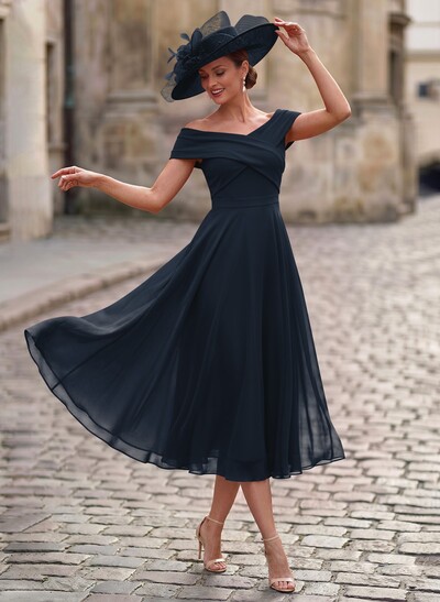 Elegant A-Line Off-The-Shoulder Sleeveless Tea-Length Chiffon Mother Of The Bride Dresses