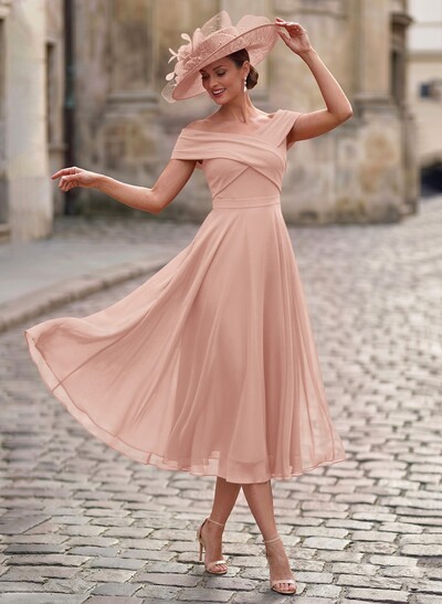 Elegant A-Line Off-The-Shoulder Sleeveless Tea-Length Chiffon Mother Of The Bride Dresses