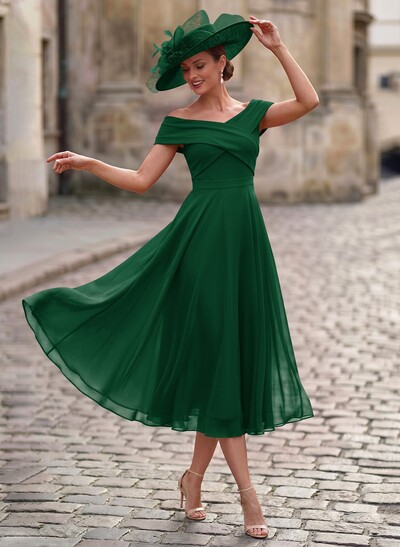 Elegant A-Line Off-The-Shoulder Sleeveless Tea-Length Chiffon Mother Of The Bride Dresses