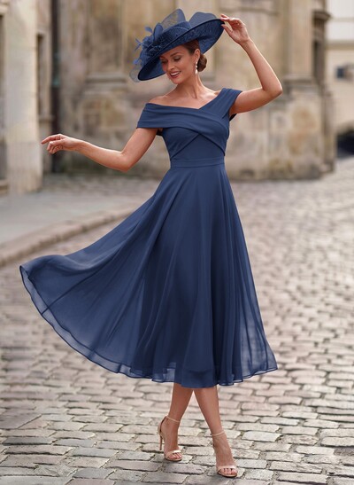 Elegant A-Line Off-The-Shoulder Sleeveless Tea-Length Chiffon Mother Of The Bride Dresses