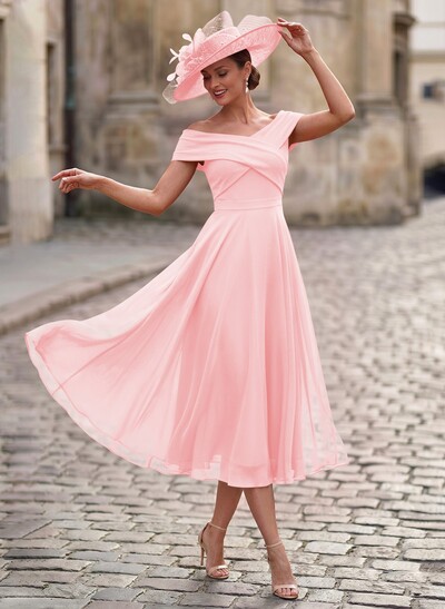 Elegant A-Line Off-The-Shoulder Sleeveless Tea-Length Chiffon Mother Of The Bride Dresses