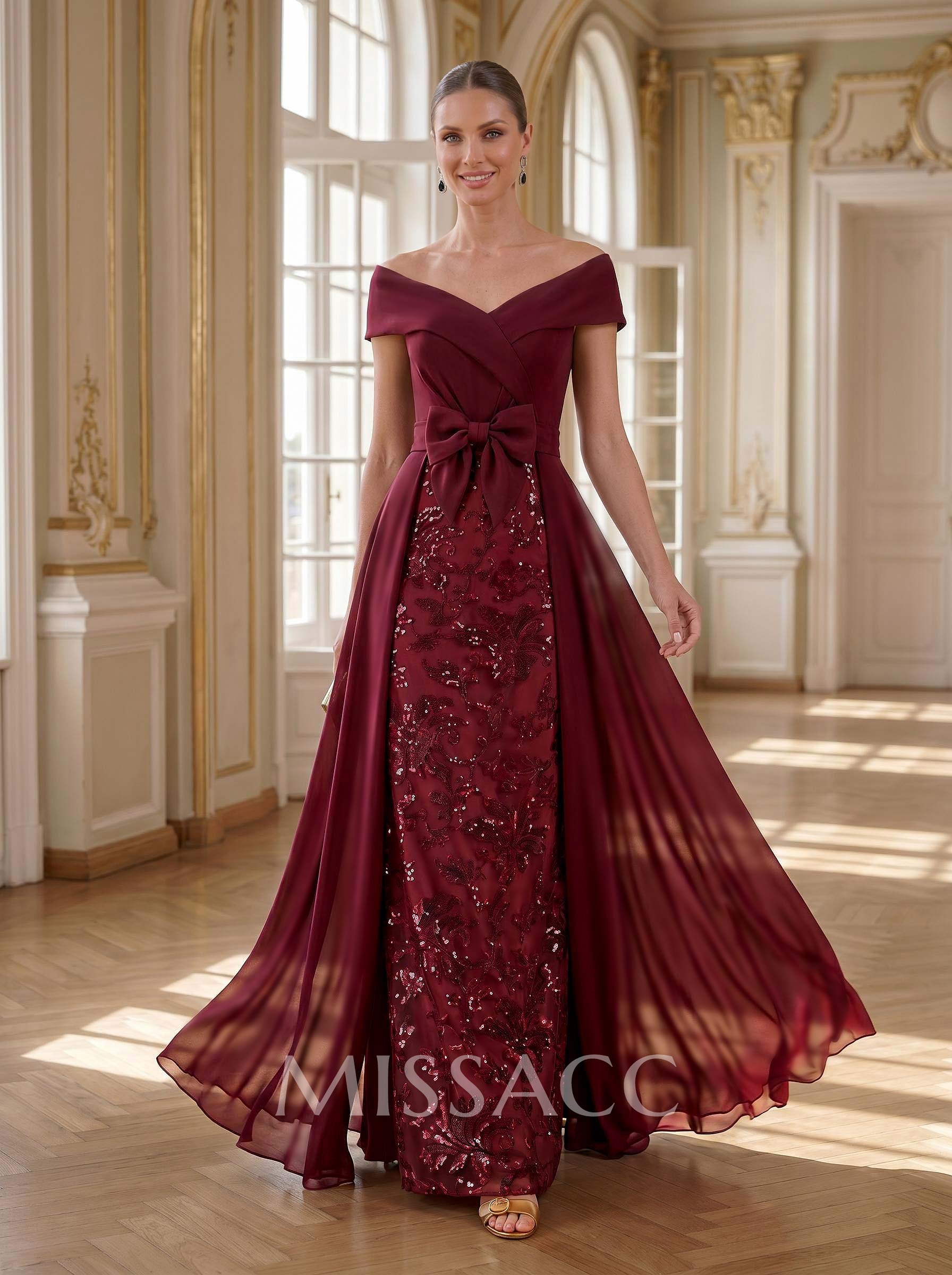 A-Line Off-The-Shoulder Sleeveless Floor-Length Chiffon Mother Of The Bride Dresses With Bow(s)/Sequins/Overskirt Dress