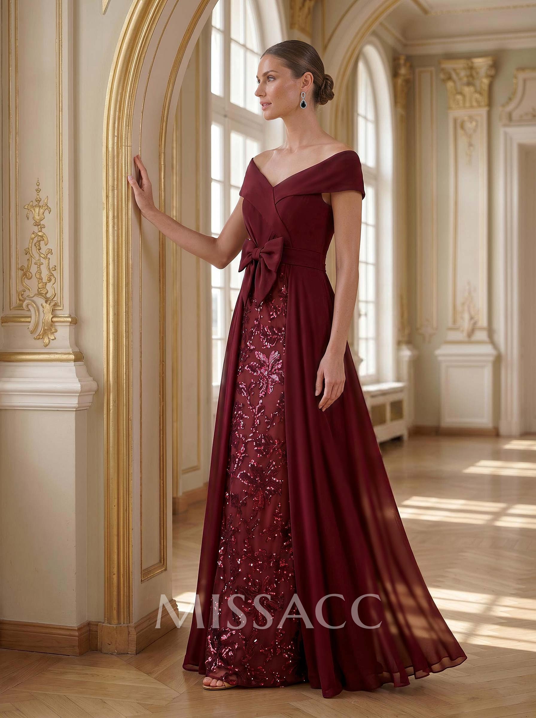 A-Line Off-The-Shoulder Sleeveless Floor-Length Chiffon Mother Of The Bride Dresses With Bow(s)/Sequins/Overskirt Dress