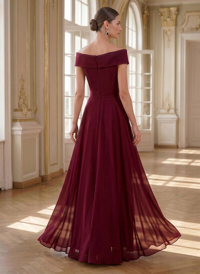 A-Line Off-The-Shoulder Sleeveless Floor-Length Chiffon Mother Of The Bride Dresses With Bow(s)/Sequins/Overskirt Dress