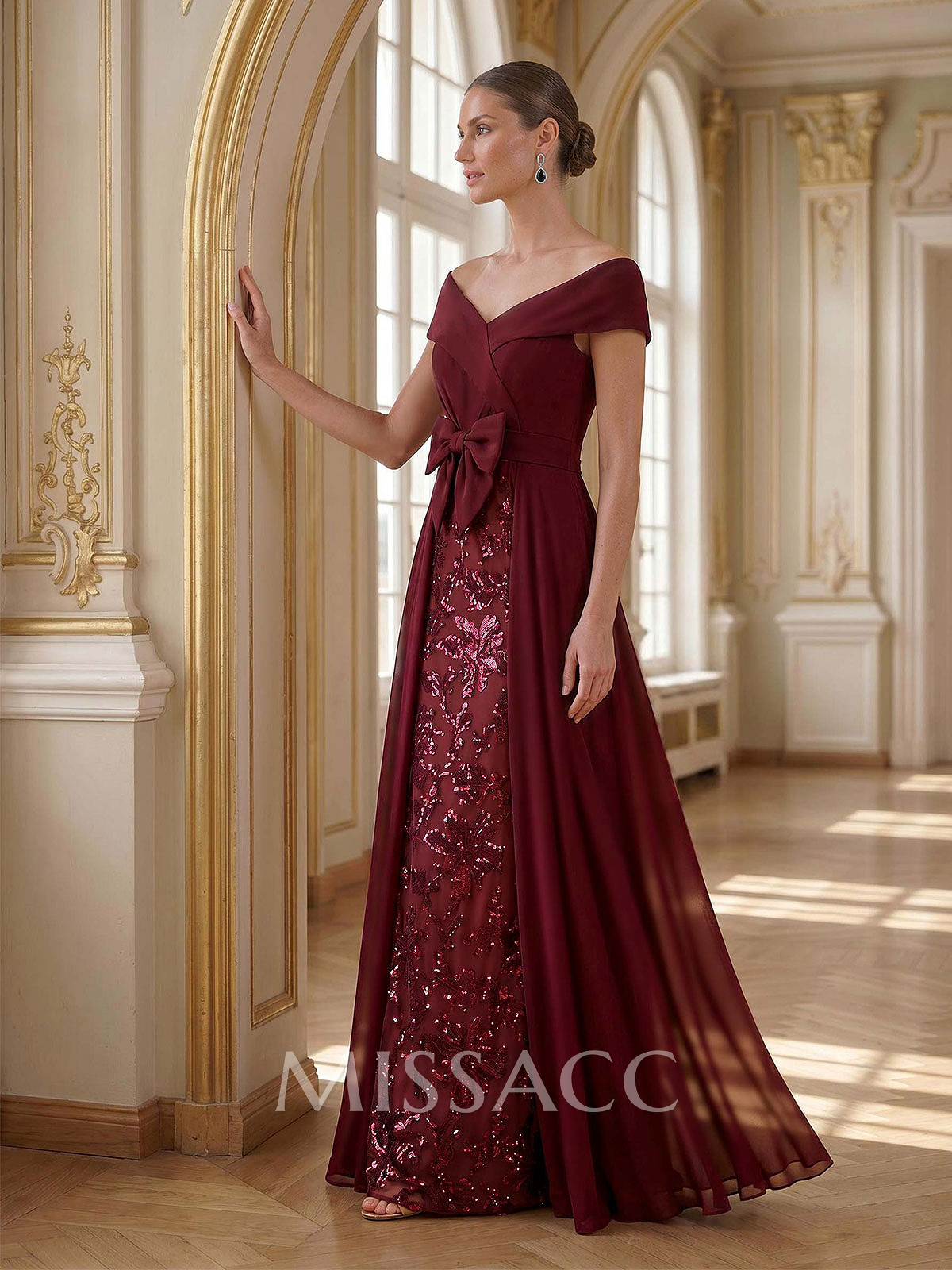 A-Line Off-The-Shoulder Sleeveless Floor-Length Chiffon Mother Of The Bride Dresses With Bow(s)/Sequins/Overskirt Dress