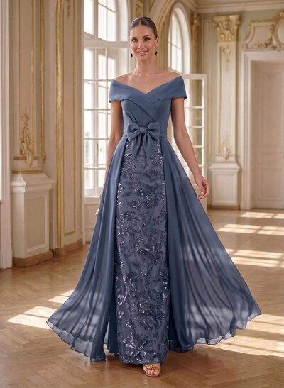 A-Line Off-The-Shoulder Sleeveless Floor-Length Chiffon Mother Of The Bride Dresses With Bow(s)/Sequins/Overskirt Dress