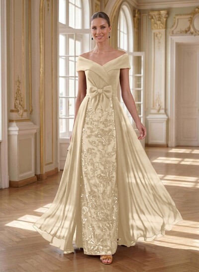 A-Line Off-The-Shoulder Sleeveless Floor-Length Chiffon Mother Of The Bride Dresses With Bow(s)/Sequins/Overskirt Dress