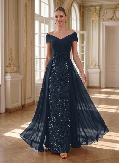 A-Line Off-The-Shoulder Sleeveless Floor-Length Chiffon Mother Of The Bride Dresses With Bow(s)/Sequins/Overskirt Dress