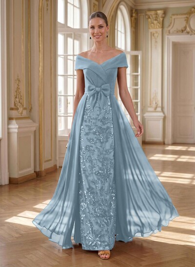 A-Line Off-The-Shoulder Sleeveless Floor-Length Chiffon Mother Of The Bride Dresses With Bow(s)/Sequins/Overskirt Dress