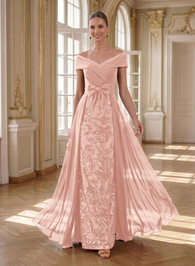 A-Line Off-The-Shoulder Sleeveless Floor-Length Chiffon Mother Of The Bride Dresses With Bow(s)/Sequins/Overskirt Dress