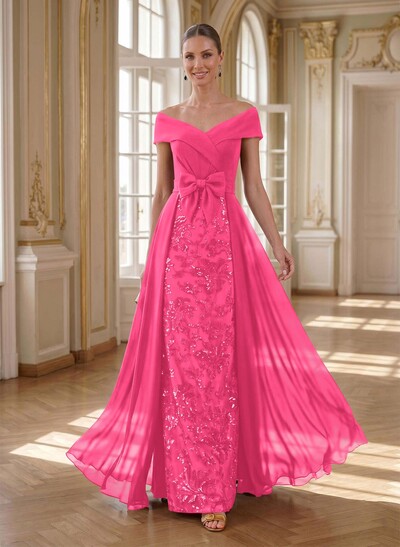 A-Line Off-The-Shoulder Sleeveless Floor-Length Chiffon Mother Of The Bride Dresses With Bow(s)/Sequins/Overskirt Dress