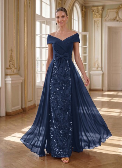 A-Line Off-The-Shoulder Sleeveless Floor-Length Chiffon Mother Of The Bride Dresses With Bow(s)/Sequins/Overskirt Dress