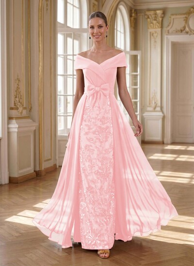 A-Line Off-The-Shoulder Sleeveless Floor-Length Chiffon Mother Of The Bride Dresses With Bow(s)/Sequins/Overskirt Dress