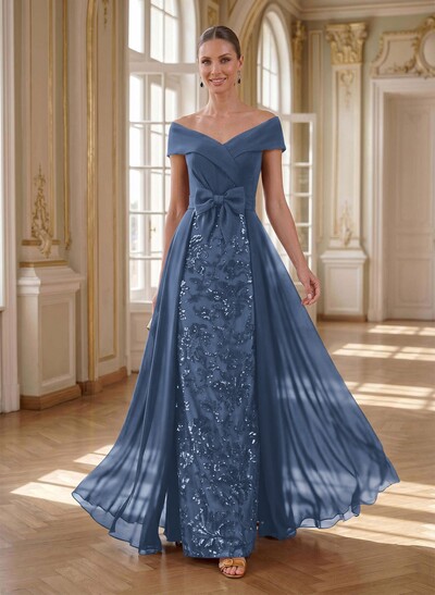 A-Line Off-The-Shoulder Sleeveless Floor-Length Chiffon Mother Of The Bride Dresses With Bow(s)/Sequins/Overskirt Dress