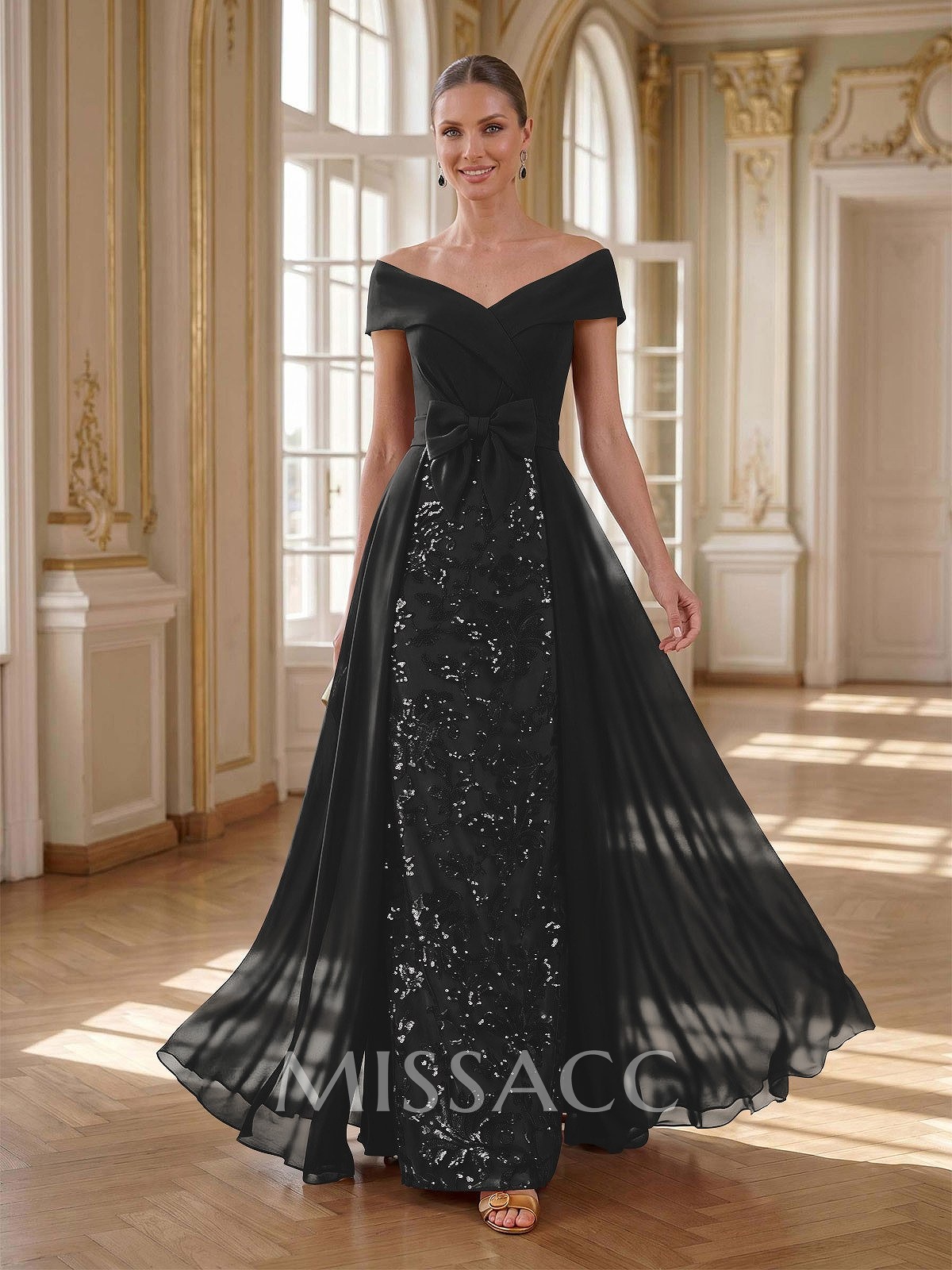 A-Line Off-The-Shoulder Sleeveless Floor-Length Chiffon Mother Of The Bride Dresses With Bow(s)/Sequins/Overskirt Dress