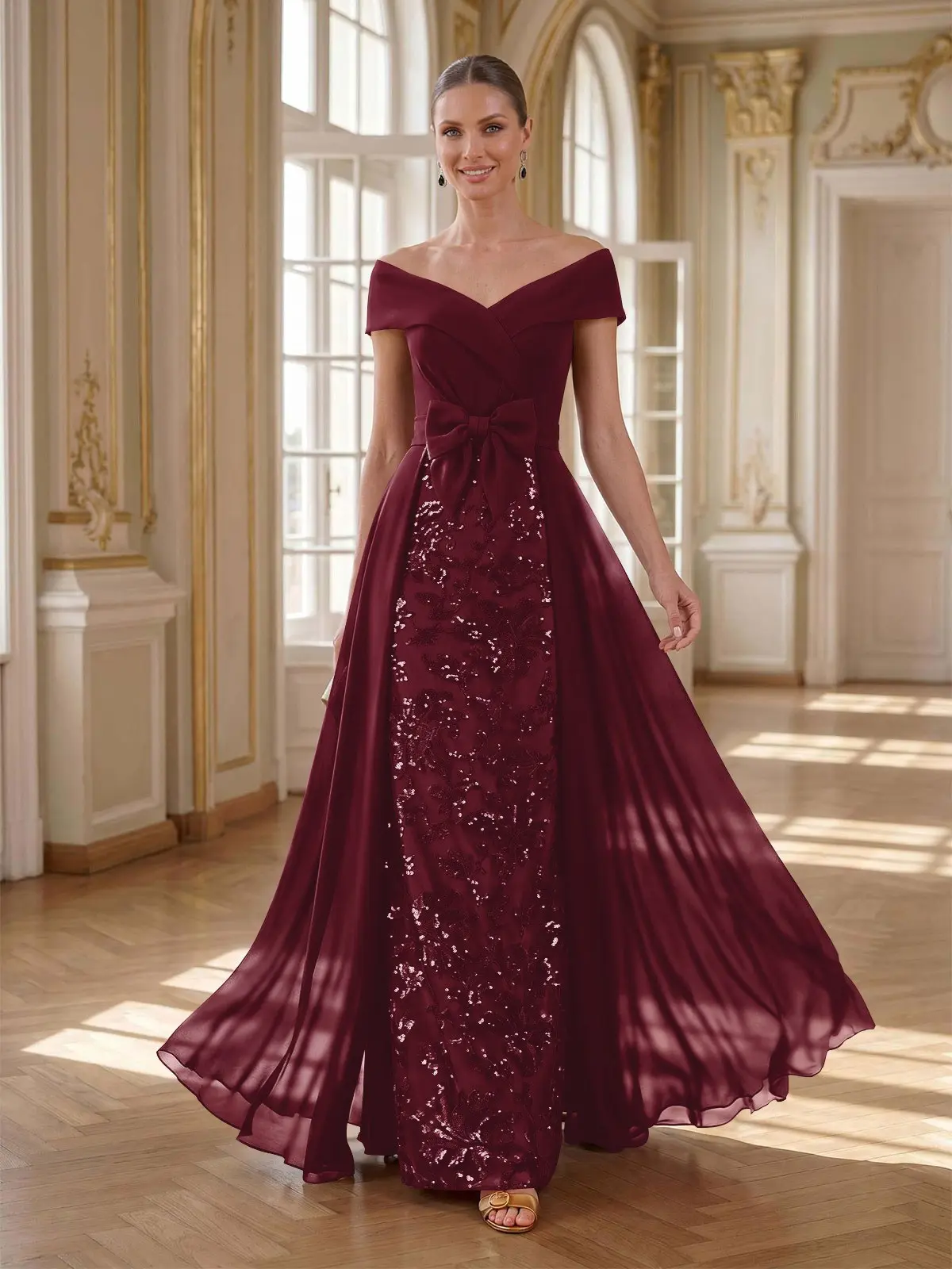 A-Line Off-The-Shoulder Sleeveless Floor-Length Chiffon Mother Of The Bride Dresses With Bow(s)/Sequins/Overskirt Dress