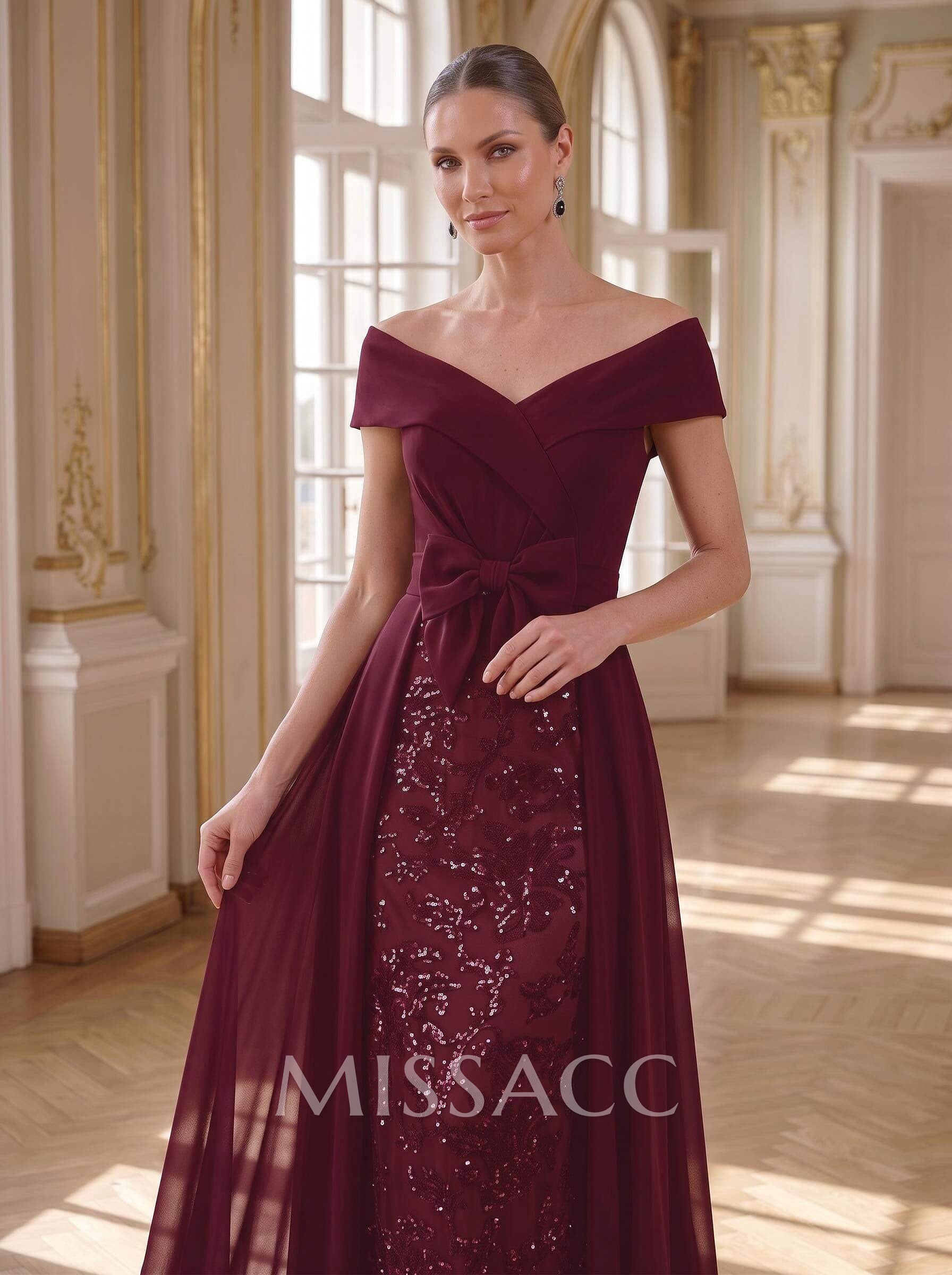 A-Line Off-The-Shoulder Sleeveless Floor-Length Chiffon Mother Of The Bride Dresses With Bow(s)/Sequins/Overskirt Dress
