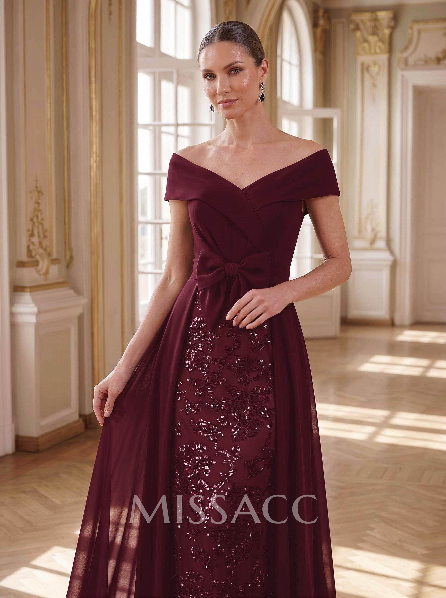 A-Line Off-The-Shoulder Sleeveless Floor-Length Chiffon Mother Of The Bride Dresses With Bow(s)/Sequins/Overskirt Dress