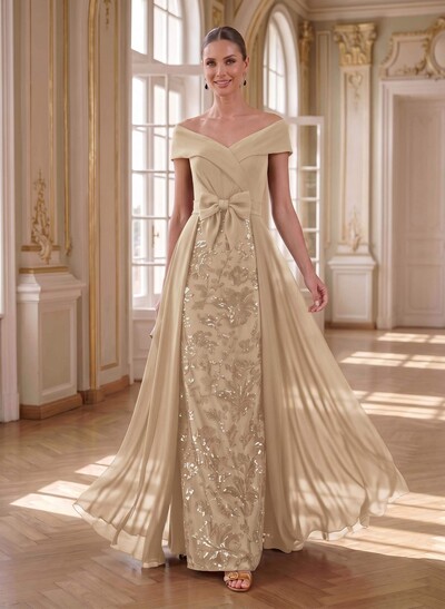 A-Line Off-The-Shoulder Sleeveless Floor-Length Chiffon Mother Of The Bride Dresses With Bow(s)/Sequins/Overskirt Dress
