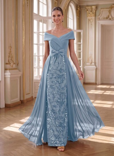 A-Line Off-The-Shoulder Sleeveless Floor-Length Chiffon Mother Of The Bride Dresses With Bow(s)/Sequins/Overskirt Dress